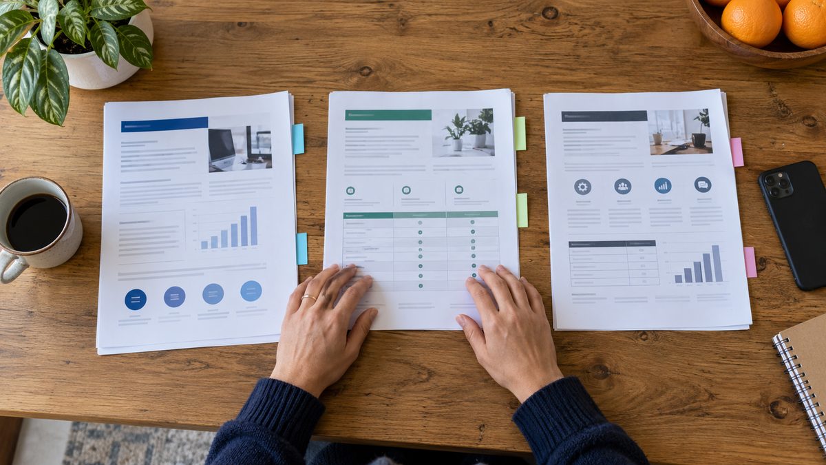 An owner compares three printed proposals laid side by side on a wooden desk.