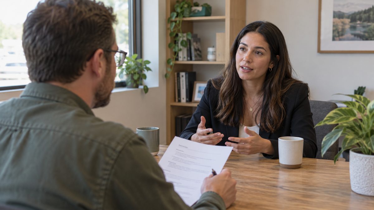 A bookkeeping candidate speaks with a business owner across a table with a printed resume and two mugs.
