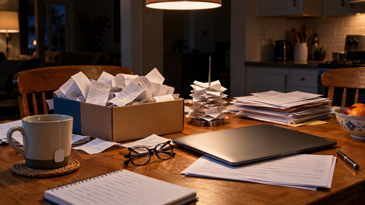 An overflowing receipt box, stacked paperwork, glasses, and a closed laptop cover a kitchen table at night.