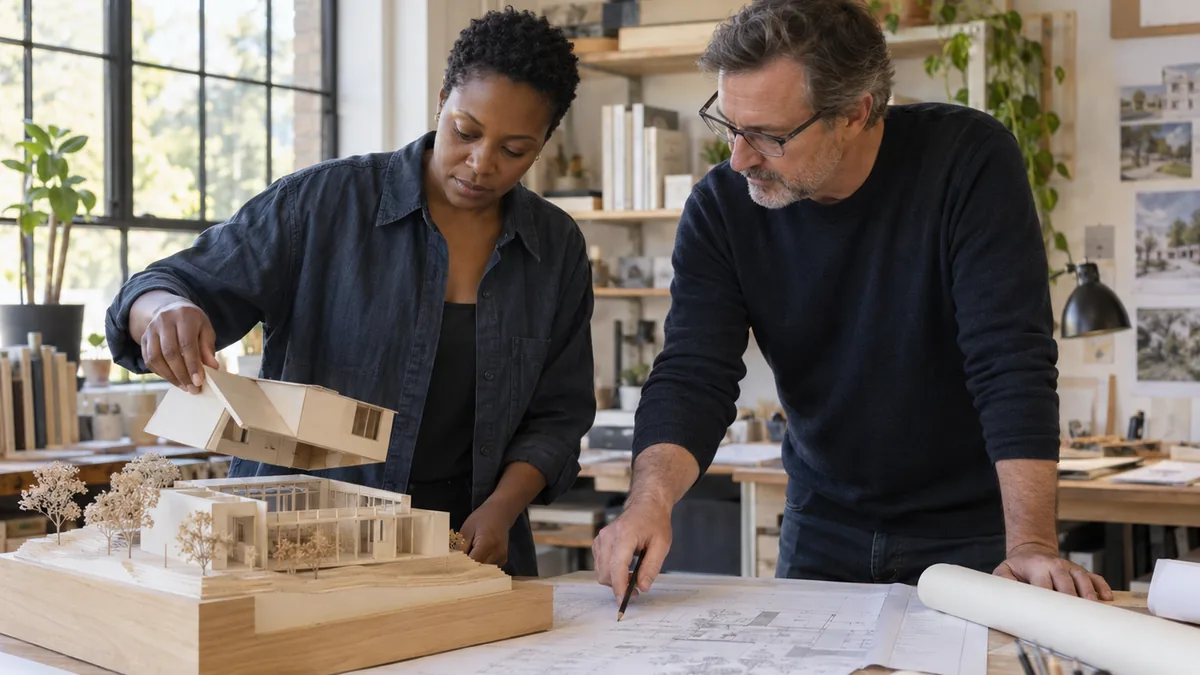Two architects review a drawing set as one lifts the roof from a house model on their studio table.