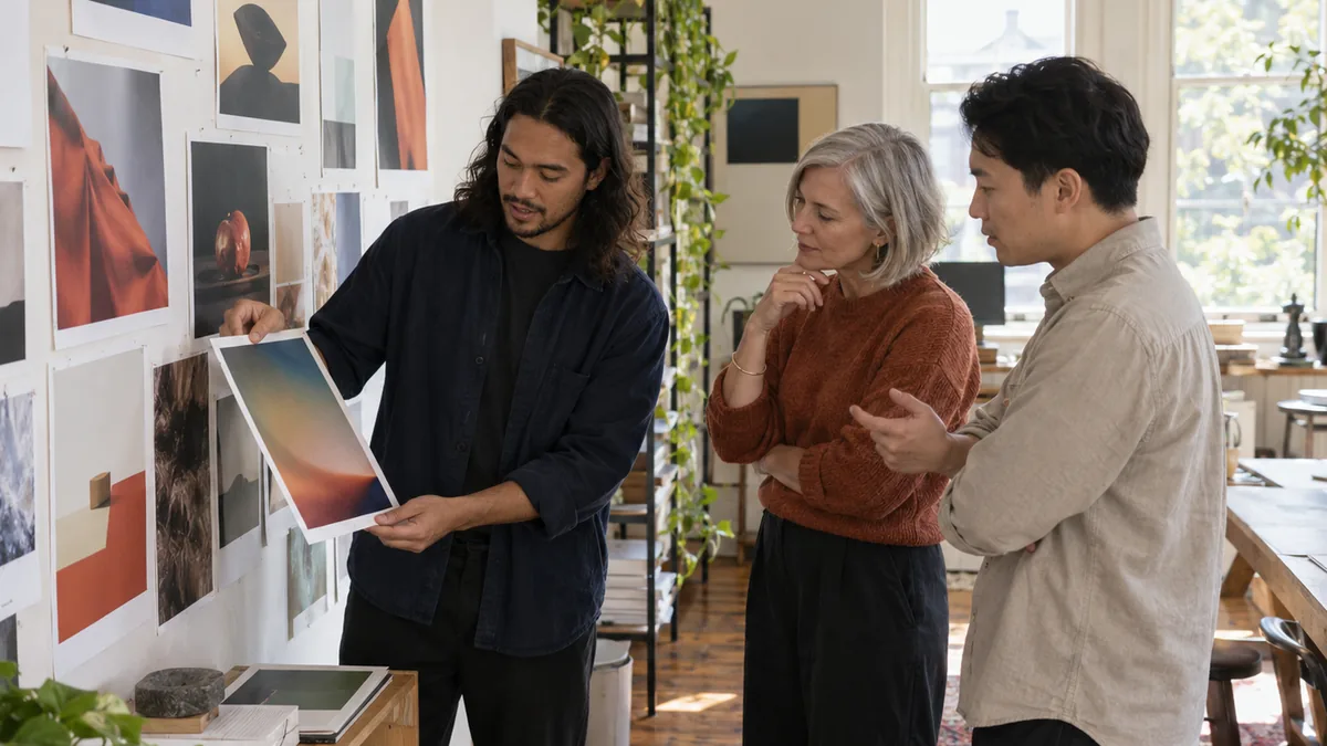 A designer holds up a print against a wall of visual concepts while two colleagues weigh it up.