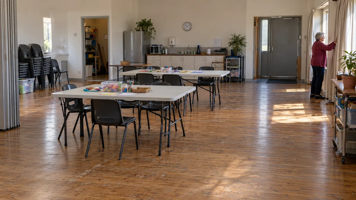 A volunteer opens the curtains in a community hall set up with tables and supplies before a morning program.