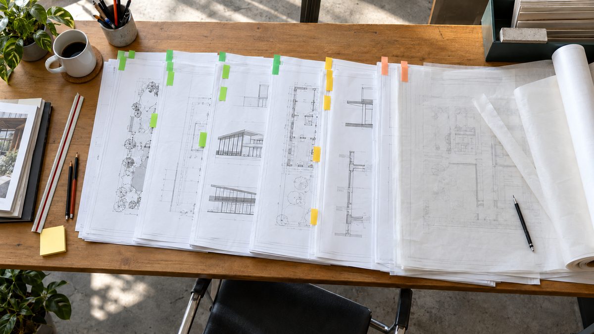 Tabbed architectural drawings and unfinished tracing paper spread across a timber plan table.