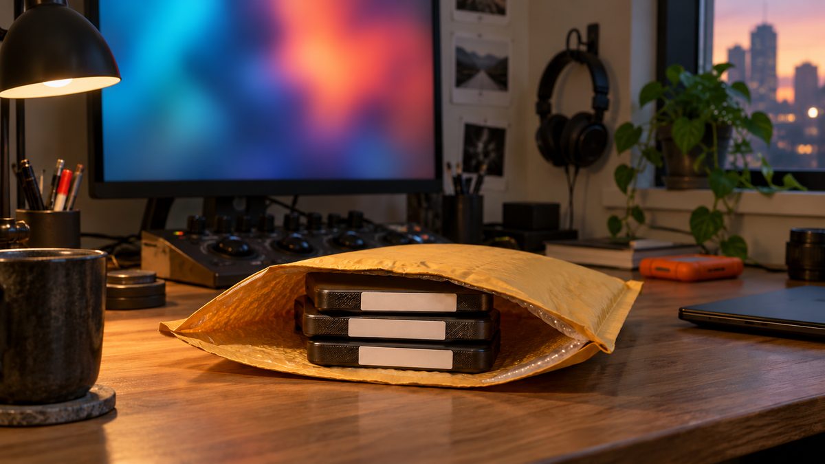 Three portable hard drives with blank labels sit inside an open padded envelope on a studio desk.
