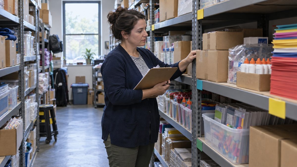 A program manager checks shelves of boxed supplies with a clipboard in a nonprofit storeroom.
