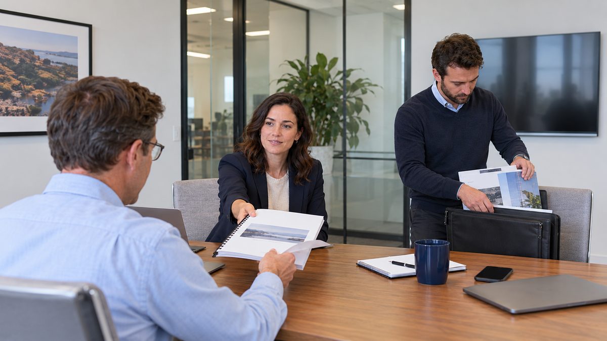 A consultant hands a bound report to a client while a colleague packs presentation boards into a case.