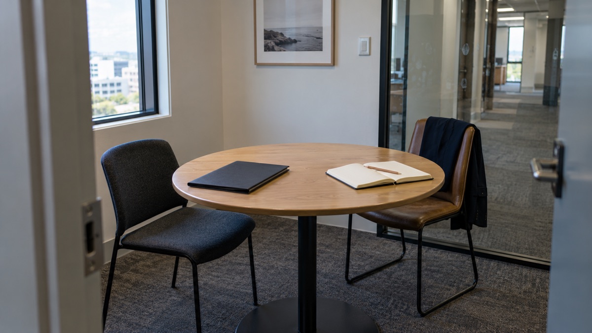 Two chairs, a closed folder, and an open notebook wait at a round table in a small office meeting room.