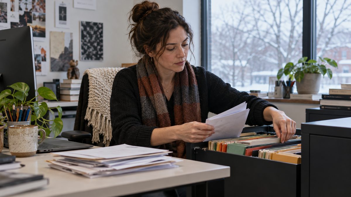 A studio manager sorts paperwork into hanging folders beside a stack of documents and a winter window.