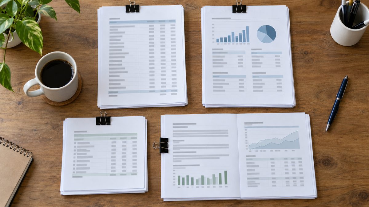 Four clipped report packs with different page layouts are arranged on a timber desk beside a mug and pen.