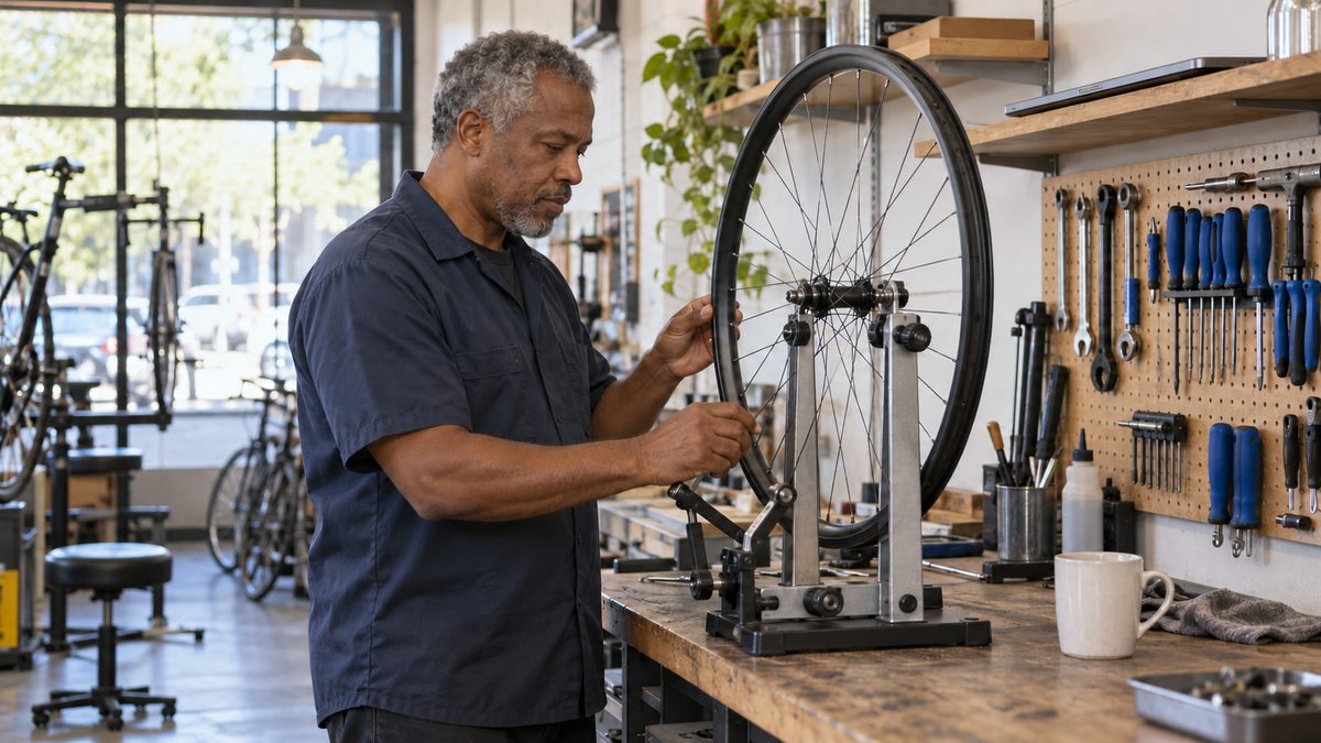 A bike-shop owner adjusts a wheel on a truing stand beside a tool bench and a closed laptop.