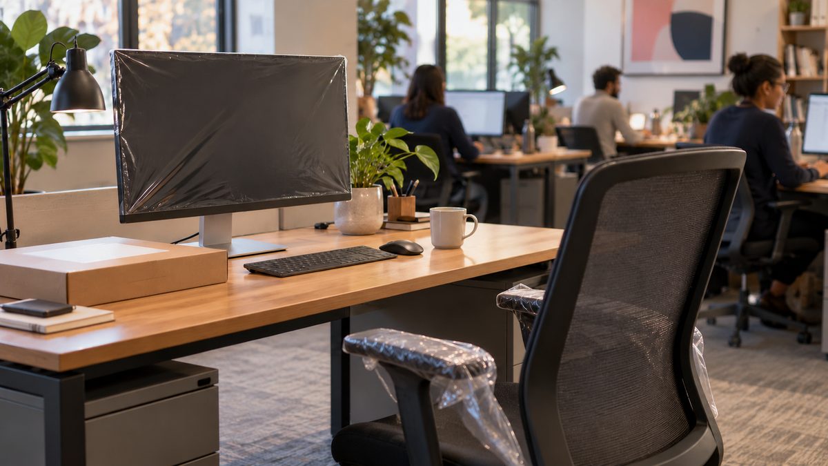 An empty desk holds a wrapped monitor and sealed laptop box beside a new chair, with colleagues working behind it.