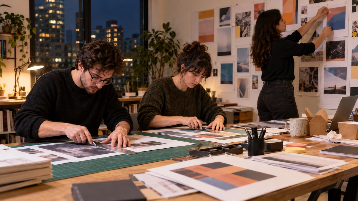 Two designers trim concept boards while a colleague pins visual references to a studio wall at night.