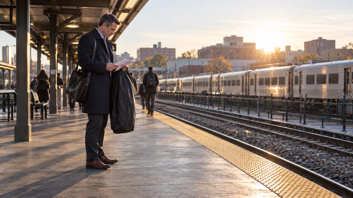 A consulting partner reads pitch notes on a railway platform with a laptop bag and garment bag.