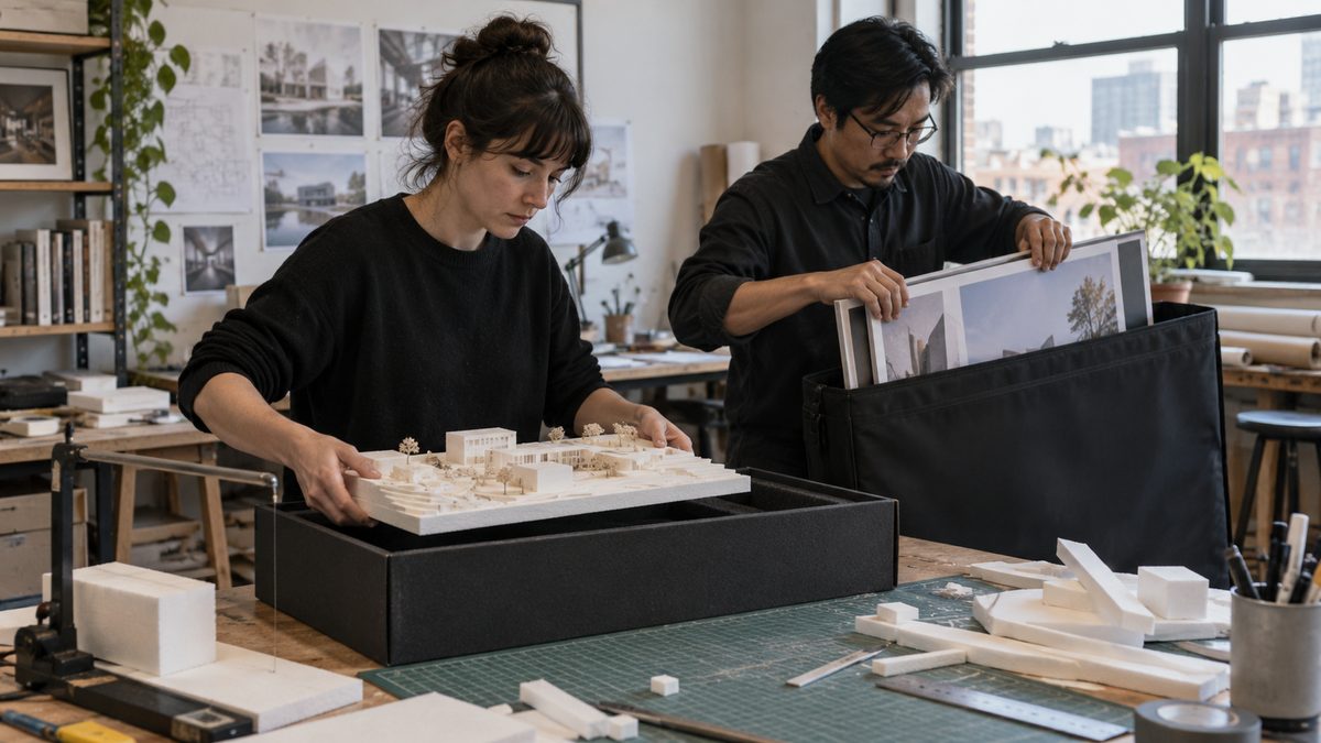Two architects pack a concept model and presentation boards into cases at a studio workbench.