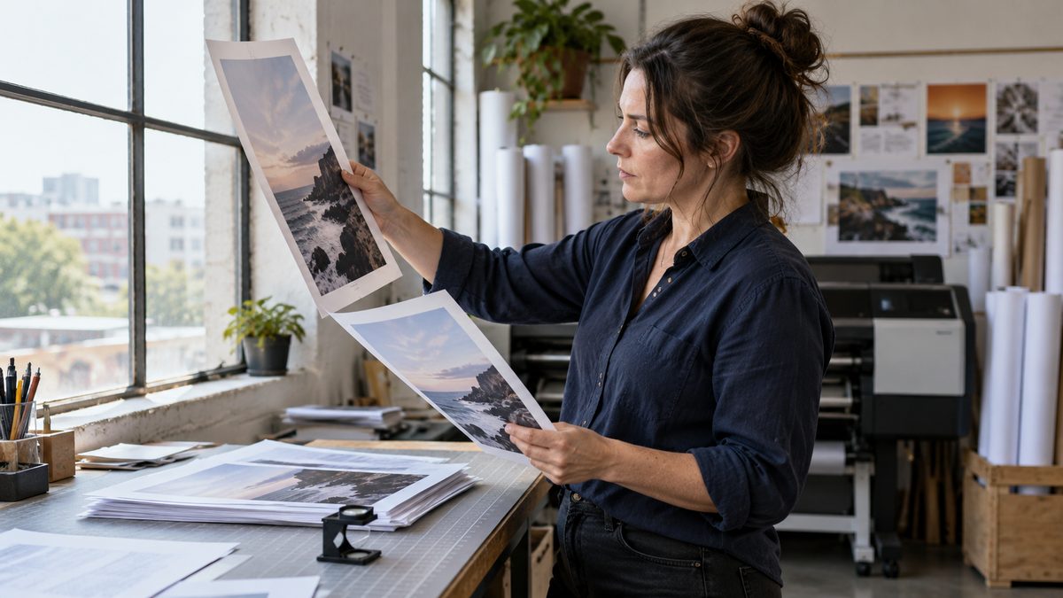 A creative director compares two print proofs beside a stack of reprints and a loupe.