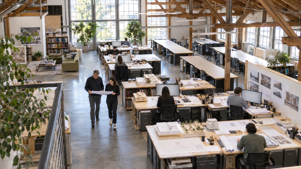 Two architects review a drawing in an aisle between occupied plan tables and unused desks.