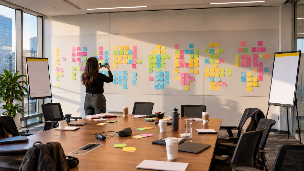 A consultant photographs a wall of colored notes after a workshop, with cups and materials still on the table.