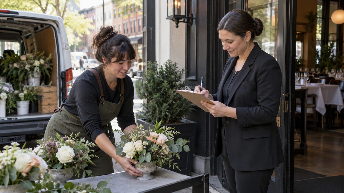 A florist sets down a flower arrangement while a restaurant manager signs a delivery docket.