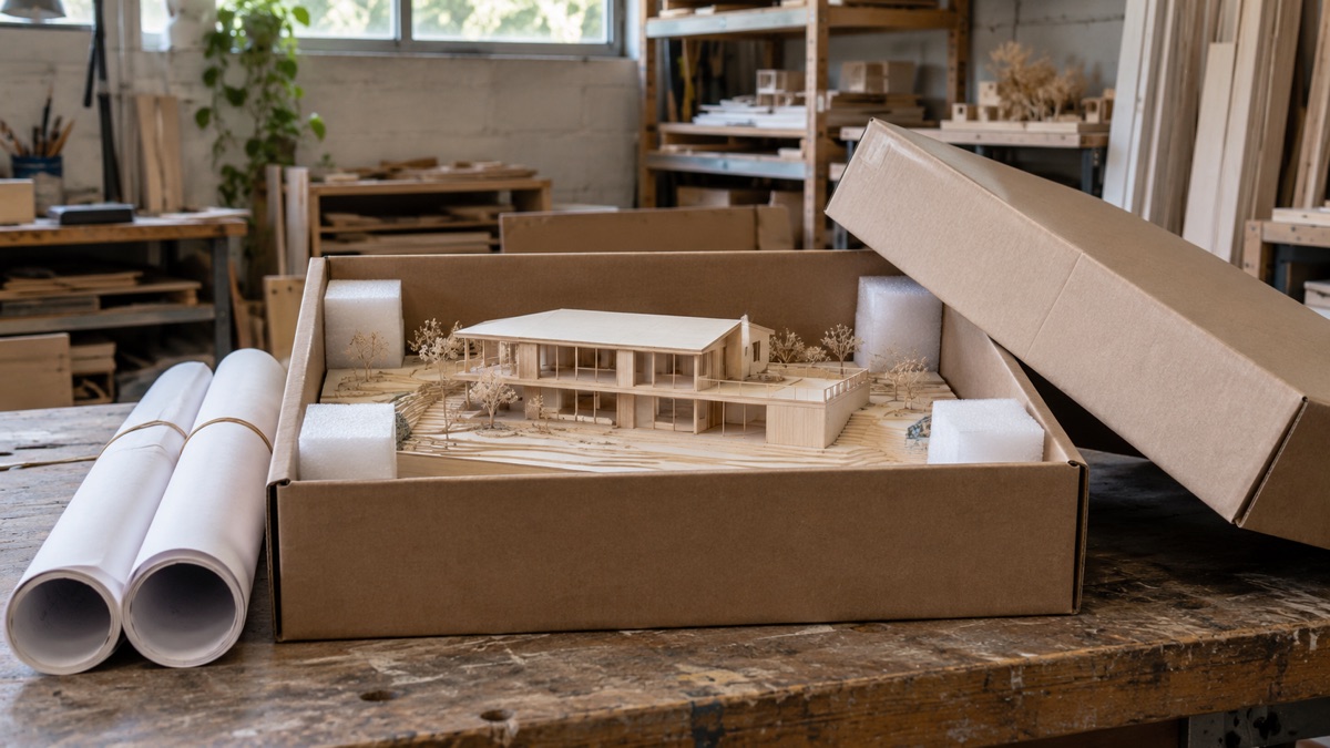 A completed architectural model is packed in a box for delivery at the end of a studio workday.