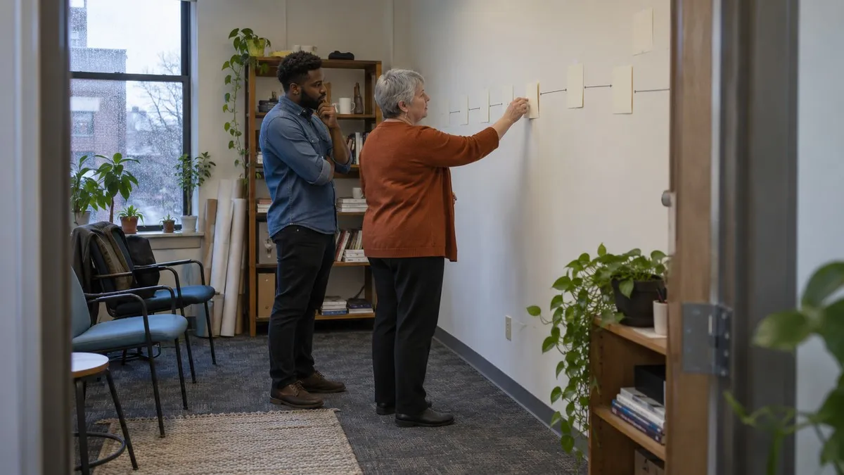 Two colleagues arrange a sequence of process cards on a studio wall.