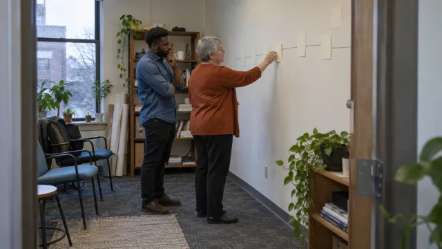 Two colleagues arrange a sequence of process cards on a studio wall.
