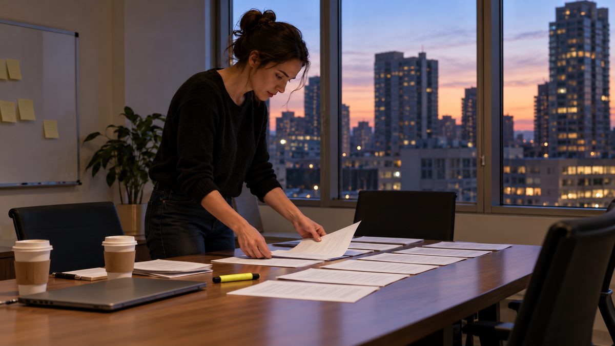 A founder lays printed pages across a conference table at dusk, beside a closed laptop and coffee cups.