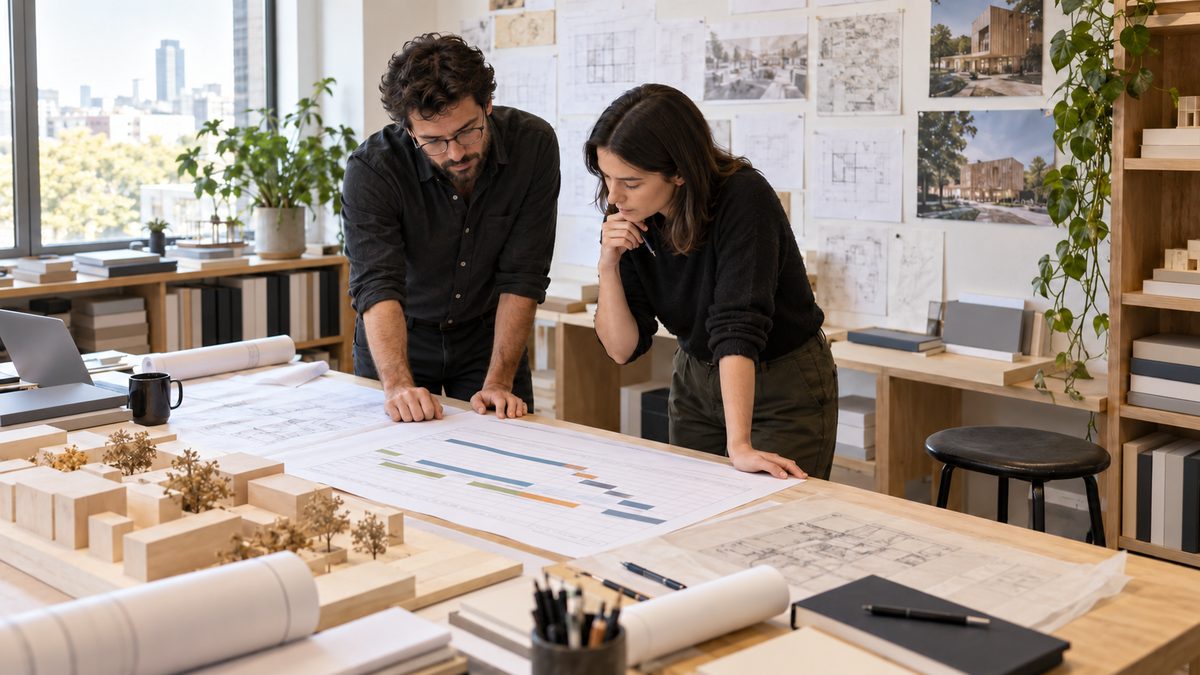 Two architects study a project phase plan beside a building model and an empty stool.