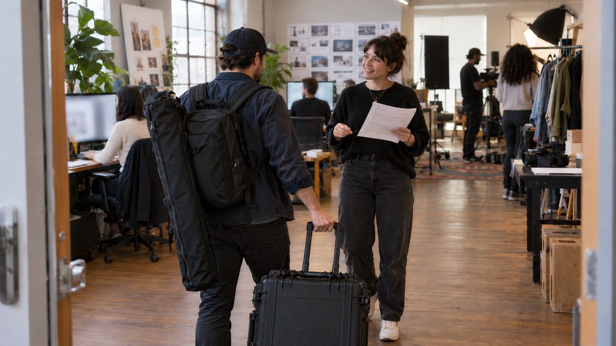 A freelancer arrives with camera cases as an agency producer greets him with a printed schedule.
