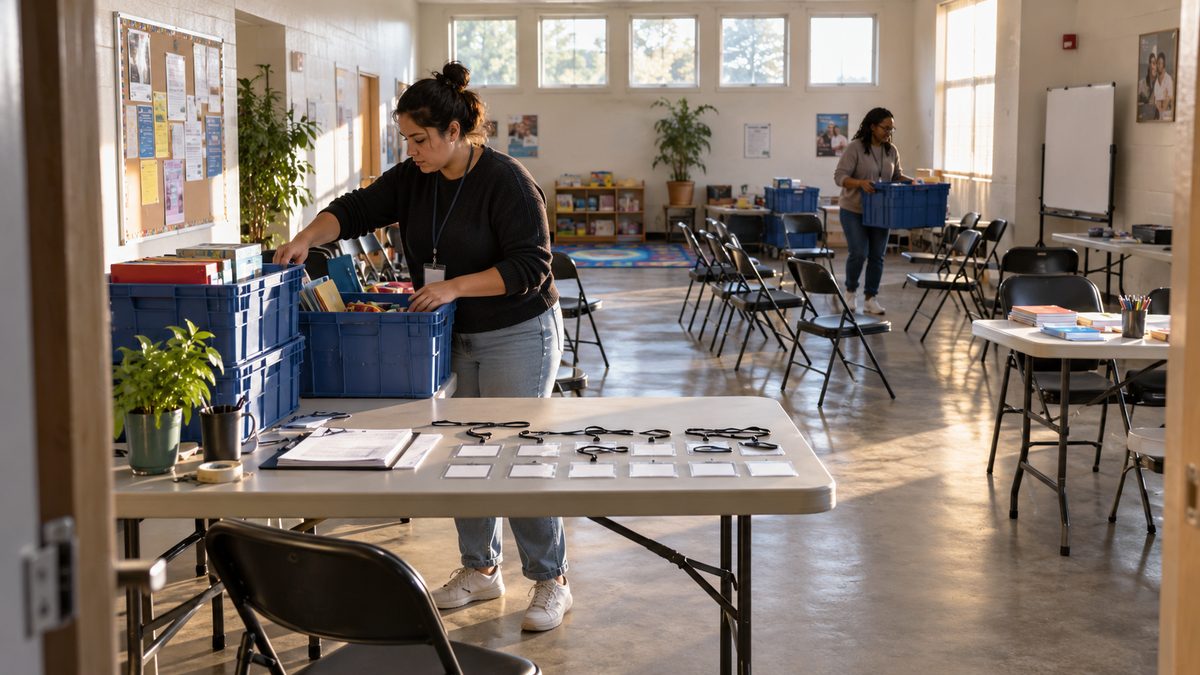 Two staff members unpack supply crates in a community room with chairs and a sign-in table partly prepared.