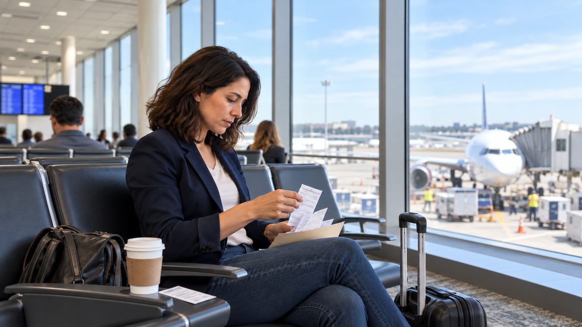 A traveler sorts receipts into an envelope at an airport gate with a parked aircraft beyond the windows.