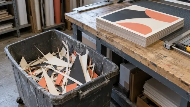 Paper offcuts collect beneath a cutting bench beside a stack of finished campaign prints.