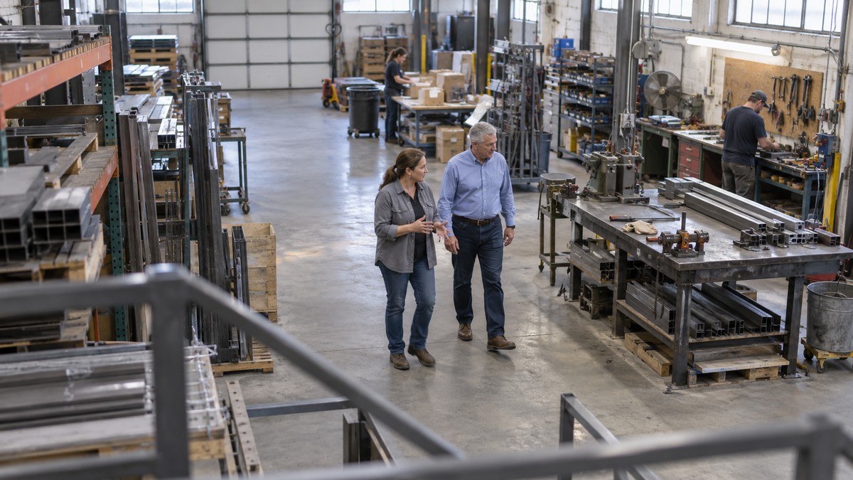 A business owner and an adviser walk through a workshop while discussing its operation.