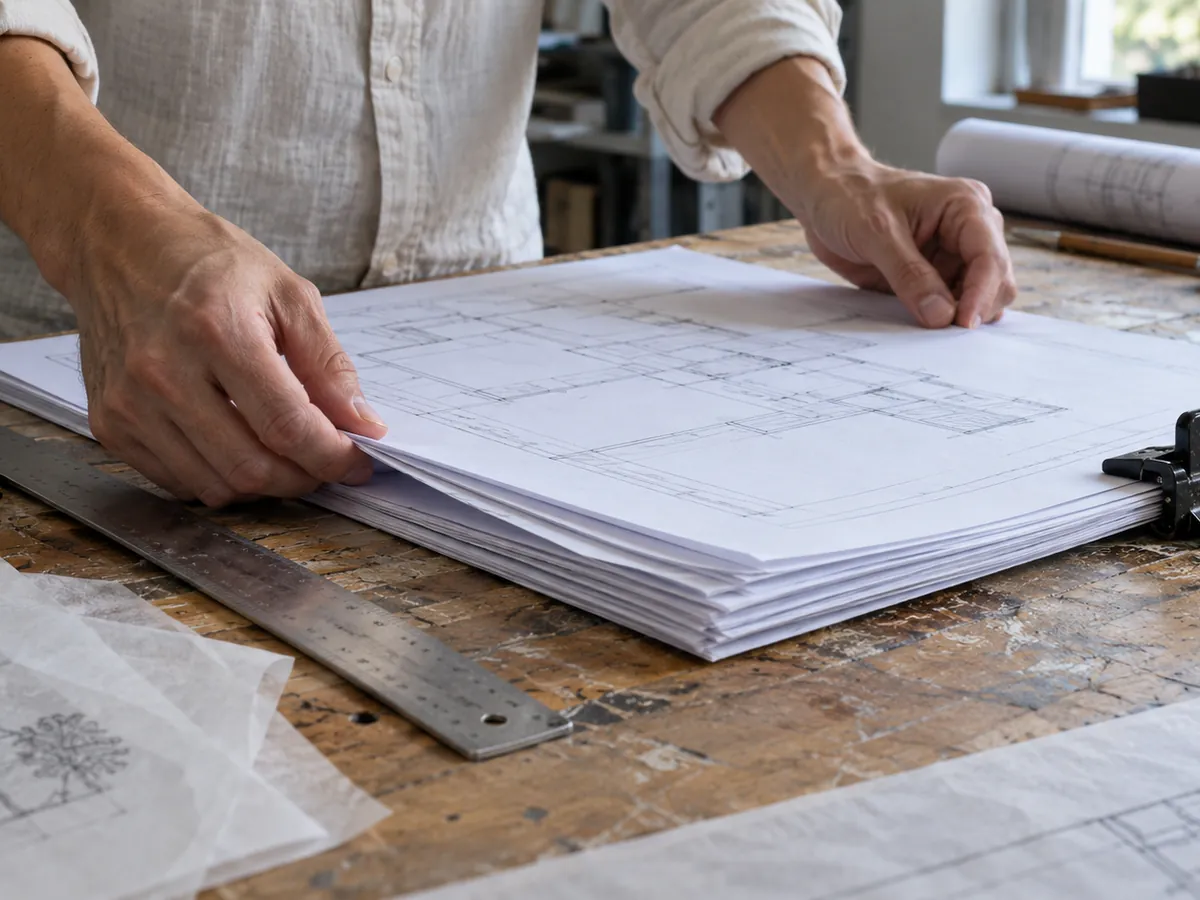 An architect squares up a thick set of floor plan drawings on a worn studio bench, a steel ruler and tracing paper beside it.