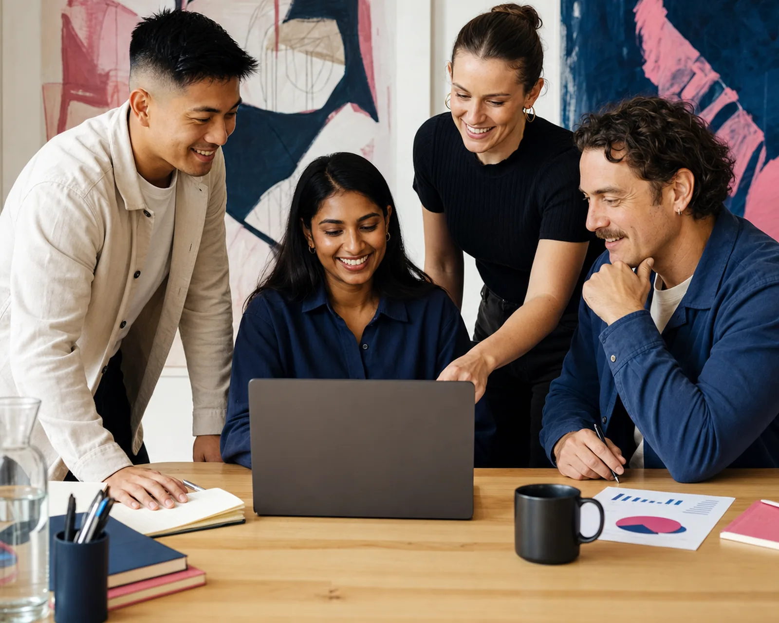 Four colleagues in a design studio gather around a laptop, smiling at the work on screen.