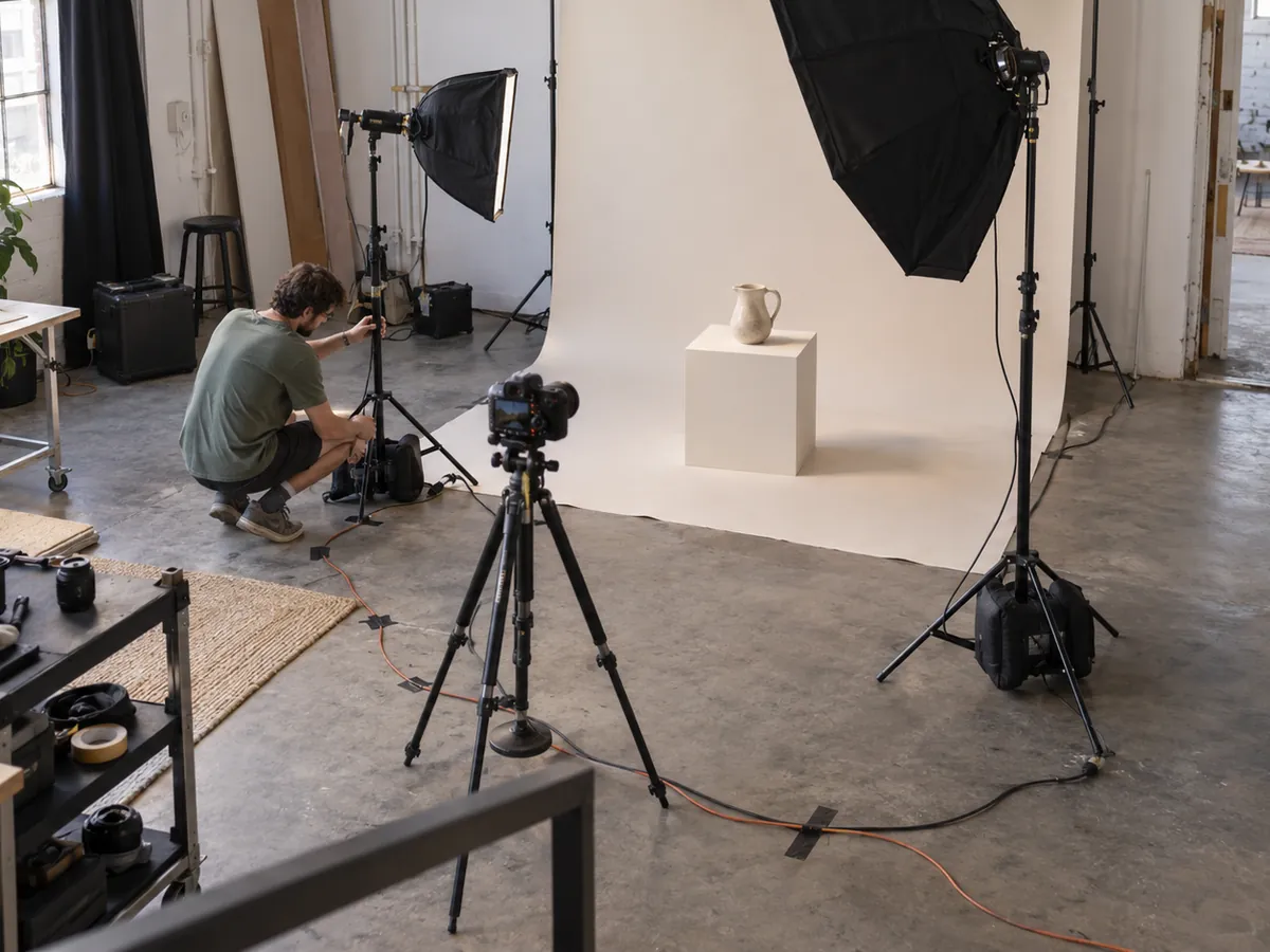 A photographer adjusts a light stand in a bright studio while a camera on a tripod faces a ceramic jug on a white plinth.