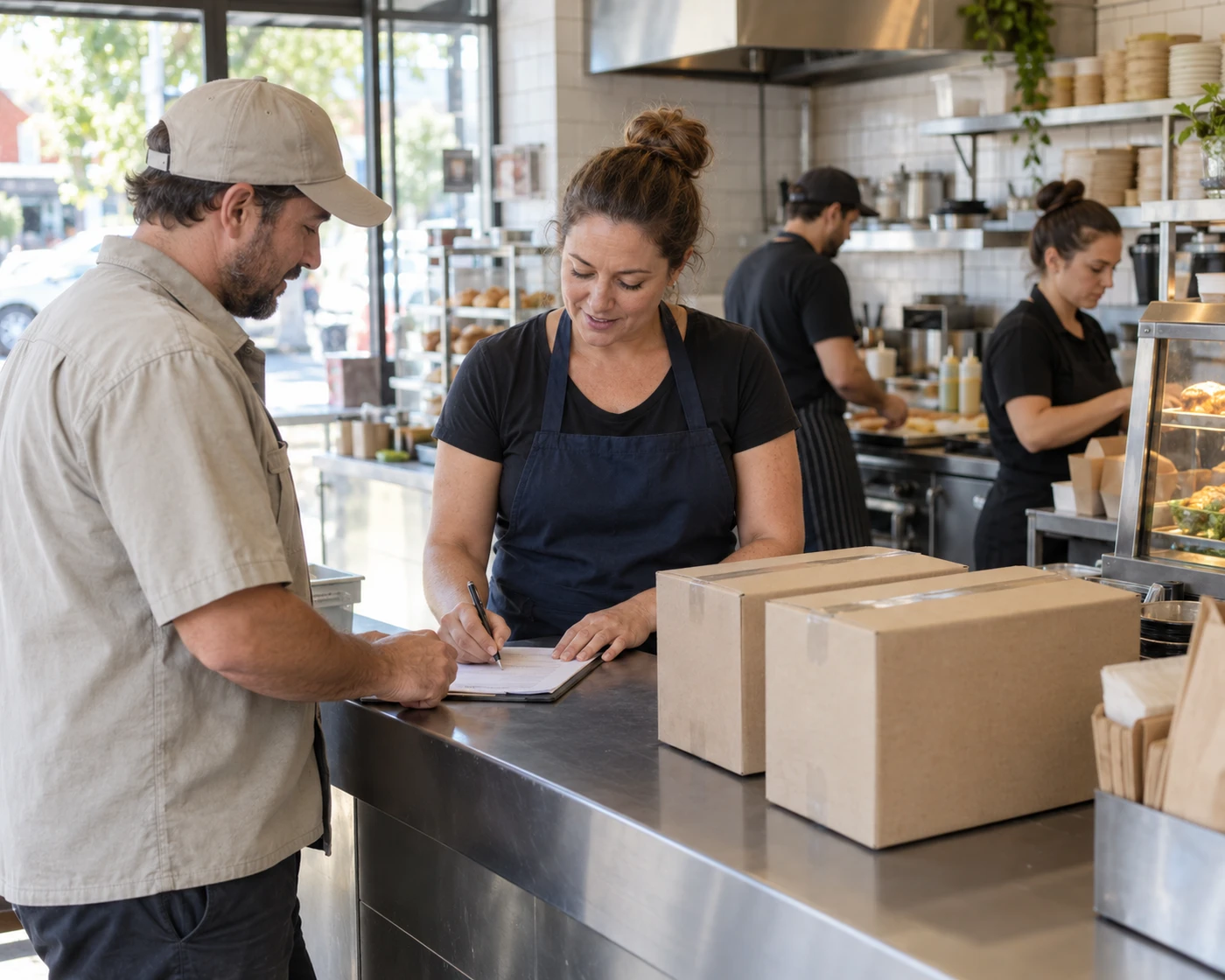 A franchisee signs for a delivery of cartons at the counter of her outlet as staff prepare food behind her.