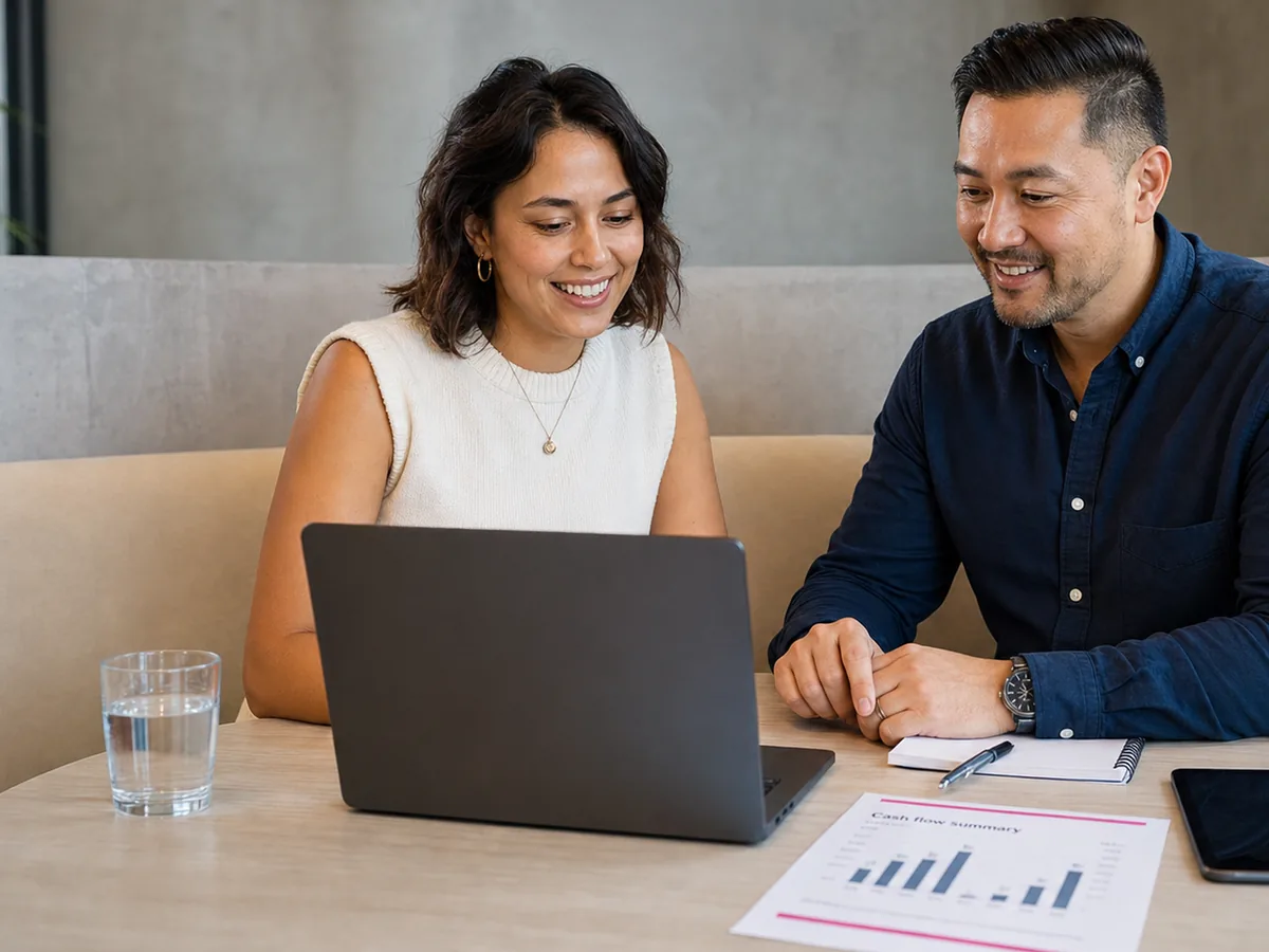 Two colleagues on a banquette smile at a laptop beside a printed cash flow summary.