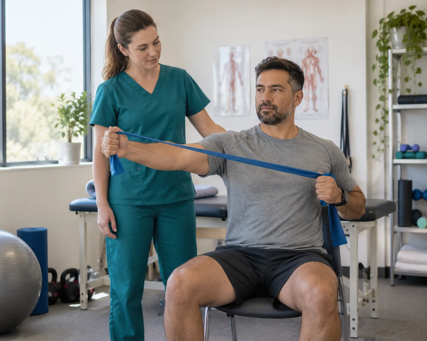 A physical therapist guides a seated patient through a resistance band exercise in a treatment room.