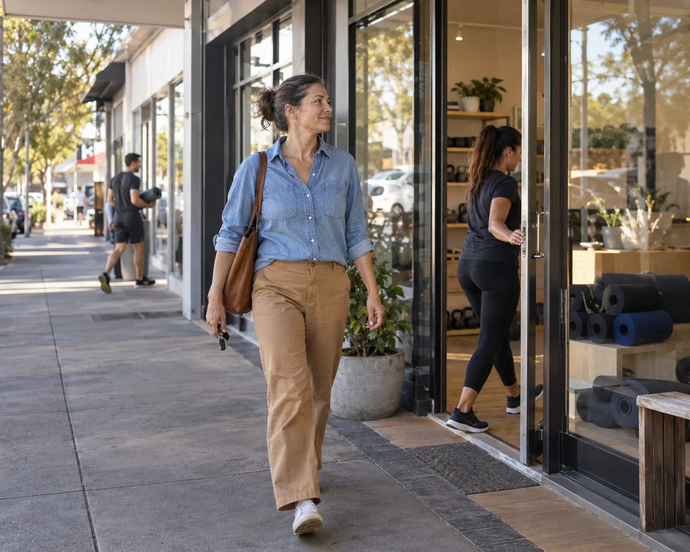 A business operator walks along a shopping street between two of her studios as a staff member opens the door.