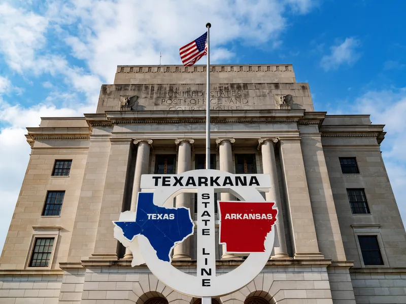 The Texarkana state line sign in front of the federal post office and courthouse that straddles Texas and Arkansas.