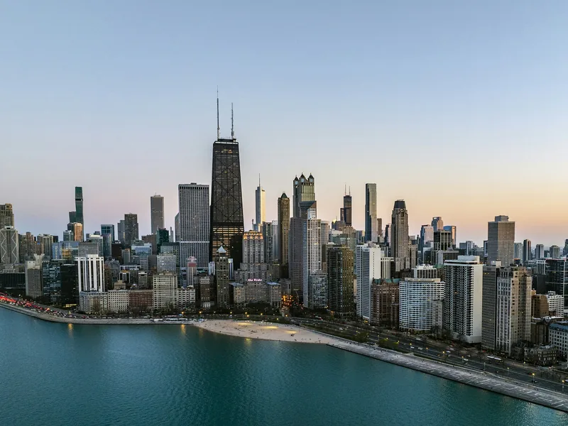 Chicago’s Gold Coast towers and the former John Hancock Center along the Lake Michigan shore.