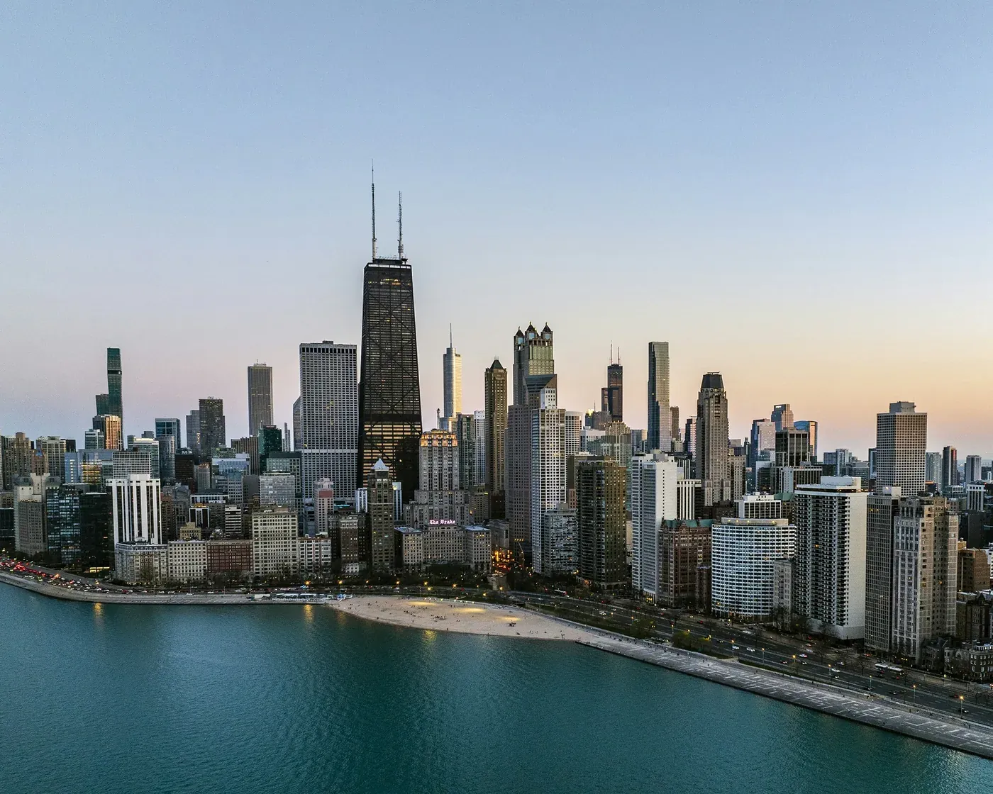 Chicago’s Gold Coast towers and the former John Hancock Center along the Lake Michigan shore.