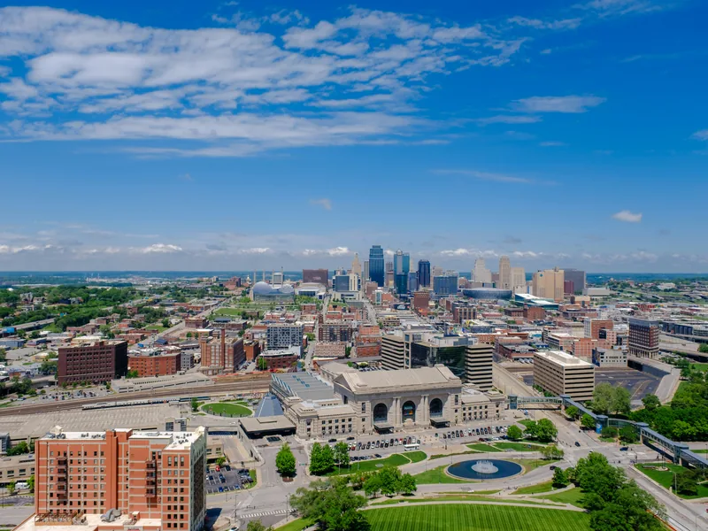Kansas City’s skyline and Union Station from above on a bright summer day.