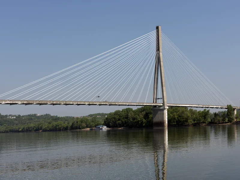 The East Huntington Bridge, a cable-stayed span over the Ohio River at Huntington, on a clear summer day.