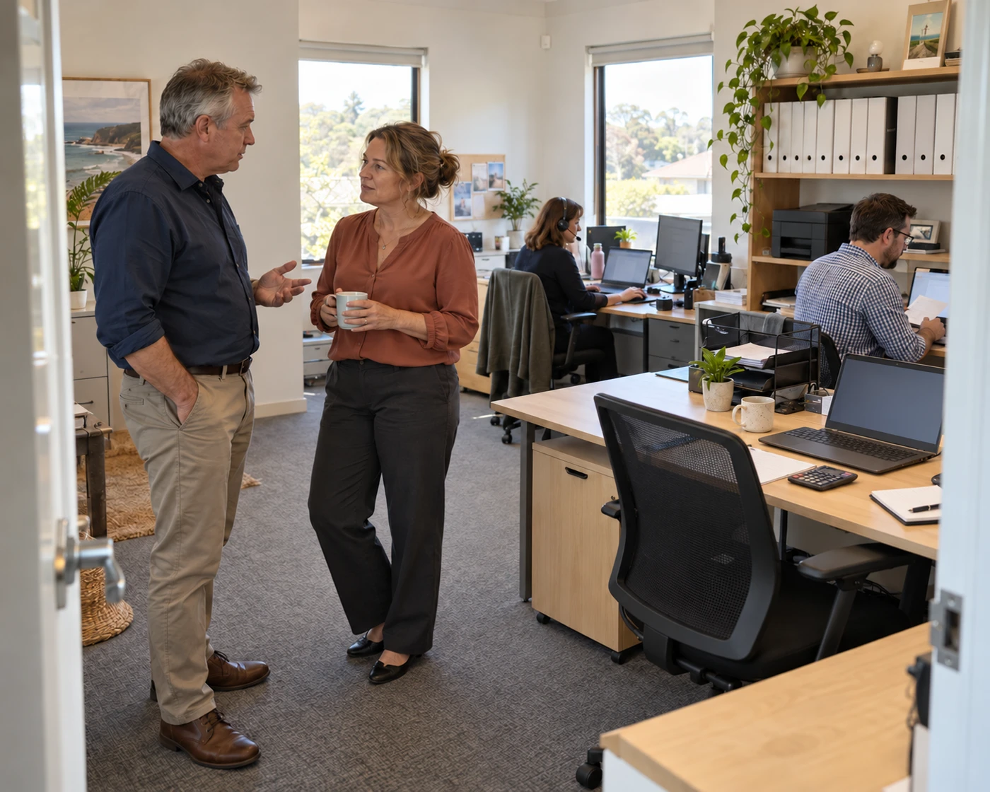 A bookkeeping practice owner talks with a colleague while staff work at laptops in the office behind them.