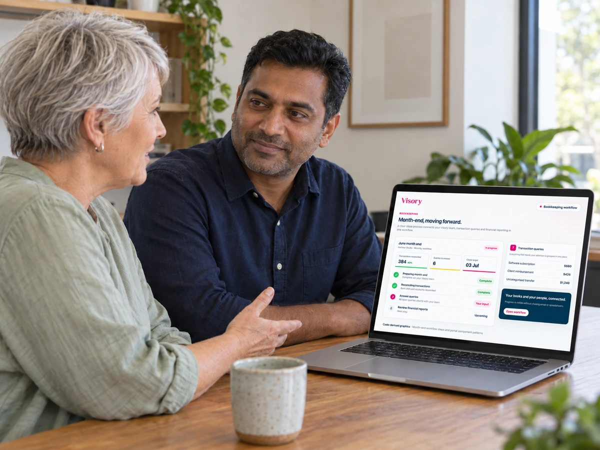 A business owner and bookkeeper discuss her numbers beside a laptop displaying the Visory bookkeeping workflow.
