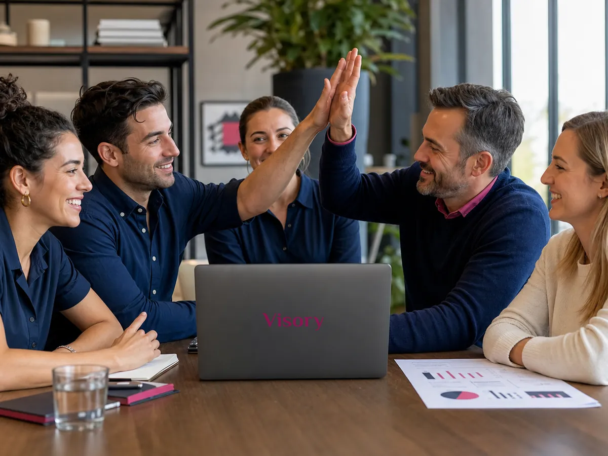Colleagues at a wood table in a bright office smile as two of them share a high five over a laptop, with a printed chart beside it.